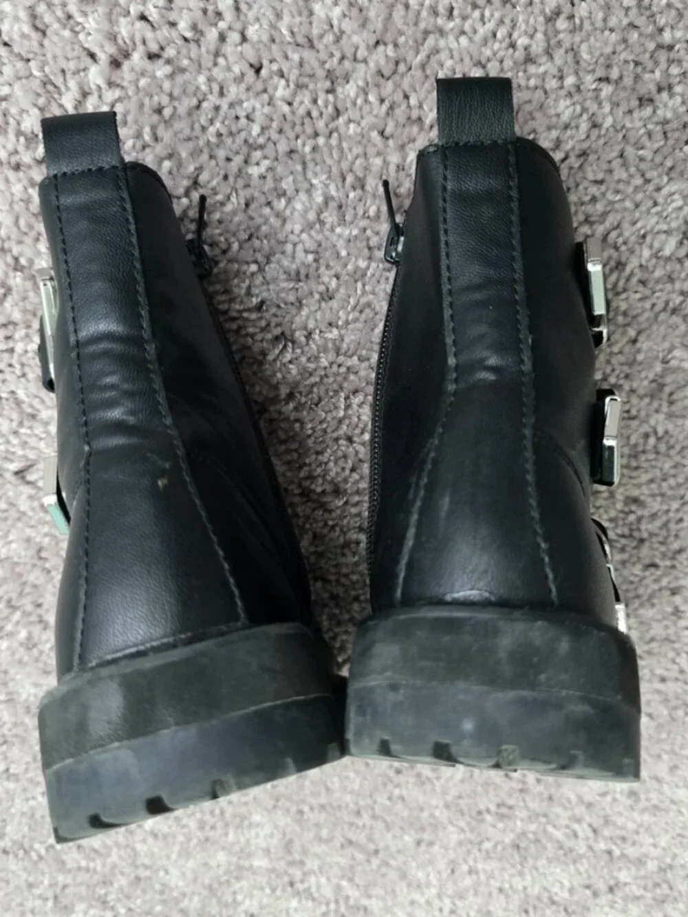 Zara Black Triple Buckle Combat Boots Faux Leather Moto Punk Goth Side Zip 34